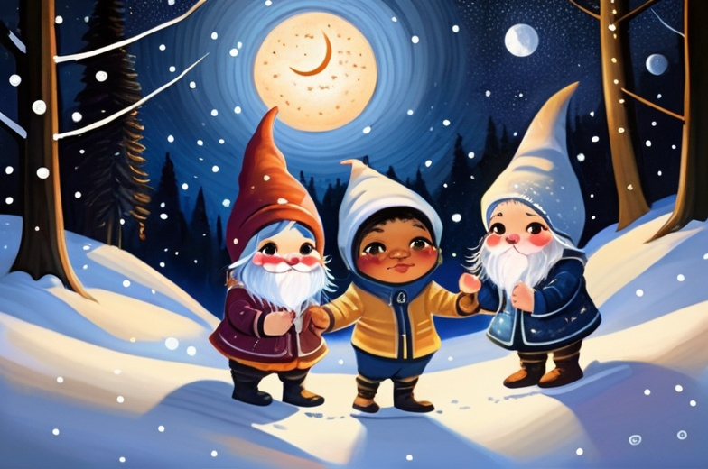 Prompt: Biracial gnome androgynous boys and girls play in the snow on a starry night in the forest at sunrise, in the style of mary cecily baker