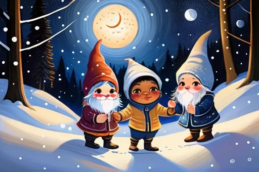 Prompt: Biracial gnome androgynous boys and girls play in the snow on a starry night in the forest at sunrise, in the style of mary cecily baker