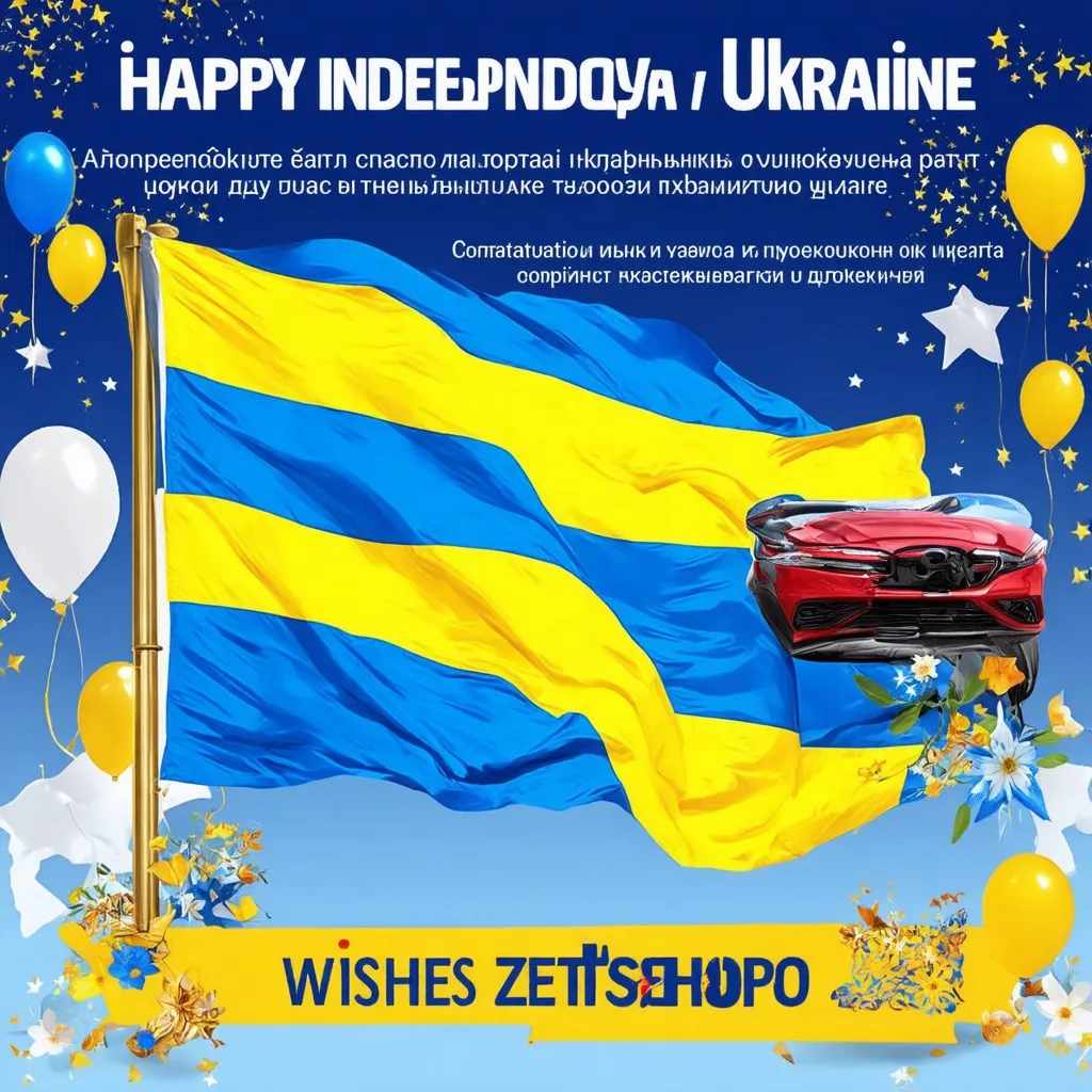 Prompt: Generate a festive image for the Independence Day of Ukraine for the online store ZETshop (zetshop.com.ua). The image should have Ukrainian symbols (flag), patriotic colors (blue and yellow), and a festive atmosphere. Add a congratulatory text from the online store ZETshop that sells auto parts with wishes of peace, well-being and prosperity. It should have an automotive theme. The picture should look bright and solemn, suitable for use on a website and social media.


