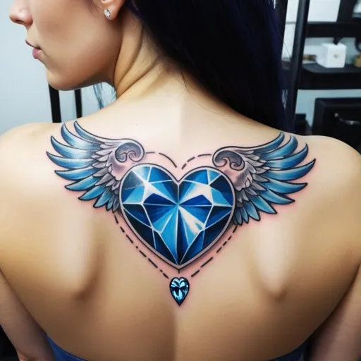 Prompt: 
wide white wings, blue diamond heart,  tattoo