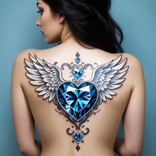 Prompt: 
wide, white wings, blue diamond heart, lower waist on the back, tattoo