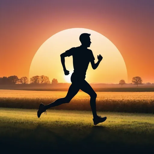 Prompt: Create an image with a silhouette of a person running a marathon with a sunset and field in the background.
