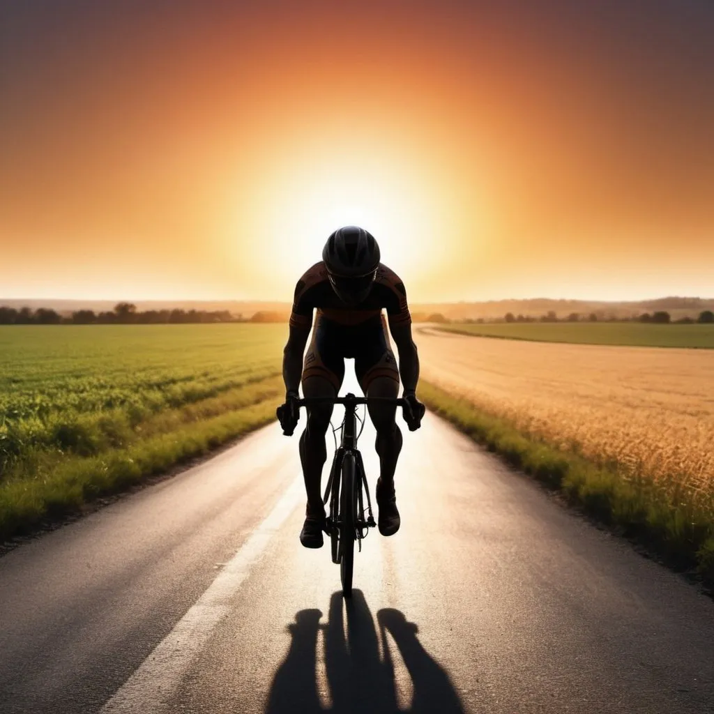 Prompt: Create an image with a silhouette of a person road racing with a sunset and field in the background without anything on his back.
