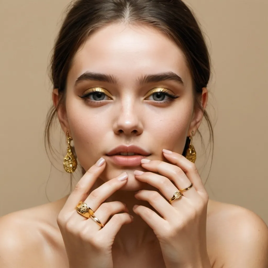 Prompt: A very beautiful girl has gold and a ring, minimal and simple gold can be seen on her face