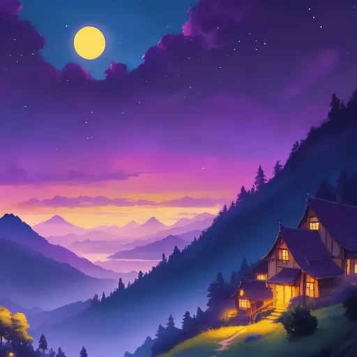 Prompt: village Nestledin the mountains), , Studio Ghibli kinda vibe, whimsical atmosphere, magical twilight, vibrant color gradient of deep blues and purples, warm yellow glows from fireflies, ultra-detailed, 4K, serene and meditative, crisp moonlight illuminating mountain peaks, dreamy clouds, starry night sky, soft gentle light, subtle glowing effects, inspirational fantasy background, enchanting scene, digital illustration 