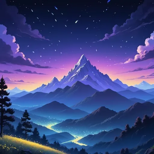 Prompt: (beautiful mountains at midnight), fireflies, Studio Ghibli kinda vibe, whimsical atmosphere, magical twilight, vibrant color gradient of deep blues and purples, warm yellow glows from fireflies, ultra-detailed, 4K, serene and meditative, crisp moonlight illuminating mountain peaks, dreamy clouds, starry night sky, soft gentle light, subtle glowing effects, inspirational fantasy background, enchanting scene, digital wallpaper