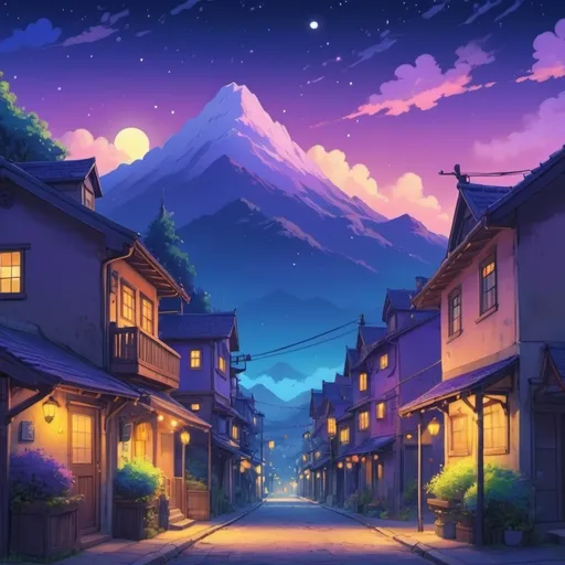 Prompt: (Beautiful street view), , Studio Ghibli kinda vibe, whimsical atmosphere, magical twilight, vibrant color gradient of deep blues and purples, warm yellow glows from fireflies, ultra-detailed, 4K, serene and meditative, crisp moonlight illuminating mountain peaks, dreamy clouds, starry night sky, soft gentle light, subtle glowing effects, inspirational fantasy background, enchanting scene, digital illustration 