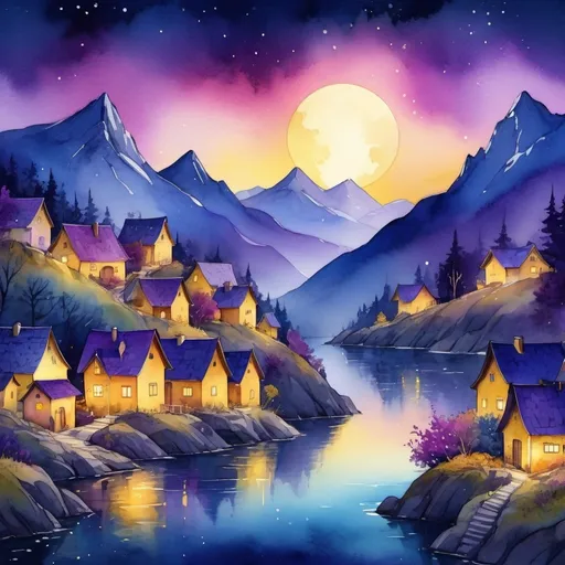 Prompt: village Nestledin the mountains, water color ink, whimsical atmosphere, magical twilight, vibrant color gradient of deep blues and purples, warm yellow, ultra-detailed, 4K, serene and meditative, crisp moonlight illuminating mountain peaks, starry night sky, soft gentle light, subtle glowing effects, inspirational fantasy background, enchanting scene, digital illustration 