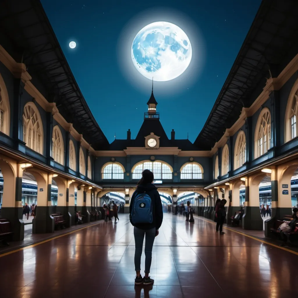 Prompt: A person is standing in a beautiful railway station having disney standards and watching a full blue moon in a dark night