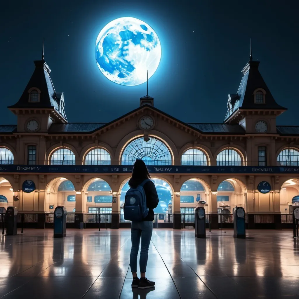 Prompt: A person is standing in a beautiful railway station having disney standards and watching a full blue moon in a dark night