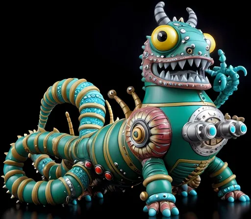 Prompt: A highly detailed vinyl art figure of an enormous anthropomorphic mechanical caterpillar dragon adorned with art deco artillery, in the distinctive styles of Quiccs, Dalek and Ron English, and Salvador Dali infused with DMT PCP aesthetics.