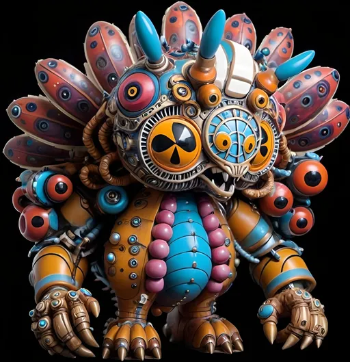 Prompt: A highly detailed vinyl art figure of an enormous anthropomorphic mechanical caterpillar dragon adorned with art deco artillery, in the distinctive styles of Quiccs, Dalek and Ron English, and Salvador Dali infused with DMT PCP aesthetics.