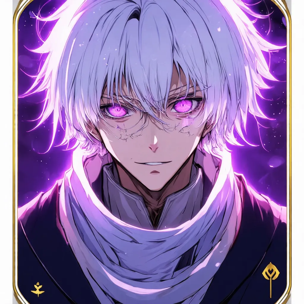 Prompt: tarot card Anime illustration, a silver-hair man, dramatic lighting tone purple, shining eyes