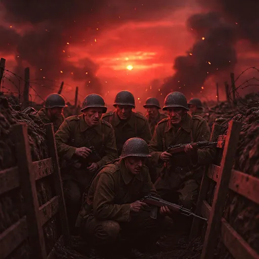 Prompt: Prompt:

A squad of battle-hardened soldiers crouched in a muddy World War II trench, surrounded by barbed wire and wooden reinforcements. They wear grim, dirt-streaked uniforms and steel helmets, gripping their rifles with urgency. A massive artillery bombardment rages in the background, lighting the sky with blazing red and orange hues. Flaming embers and debris rain from above as black smoke columns twist into the sky. The setting sun casts a hellish glow, creating deep shadows and highlighting the soldiers’ determined, war-weary faces. The cinematic lighting is dramatic, with high contrast and lens flares catching in the smoky air. Epic scale, ultra-detailed textures, 35mm film look, shallow depth of field, cinematic composition, inspired by 1917, Saving Private Ryan, and All Quiet on the Western Front.