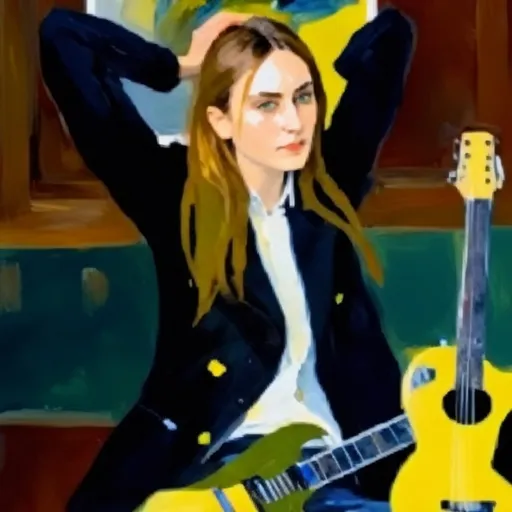 Prompt: blond women, green eyes playing eletric guitar