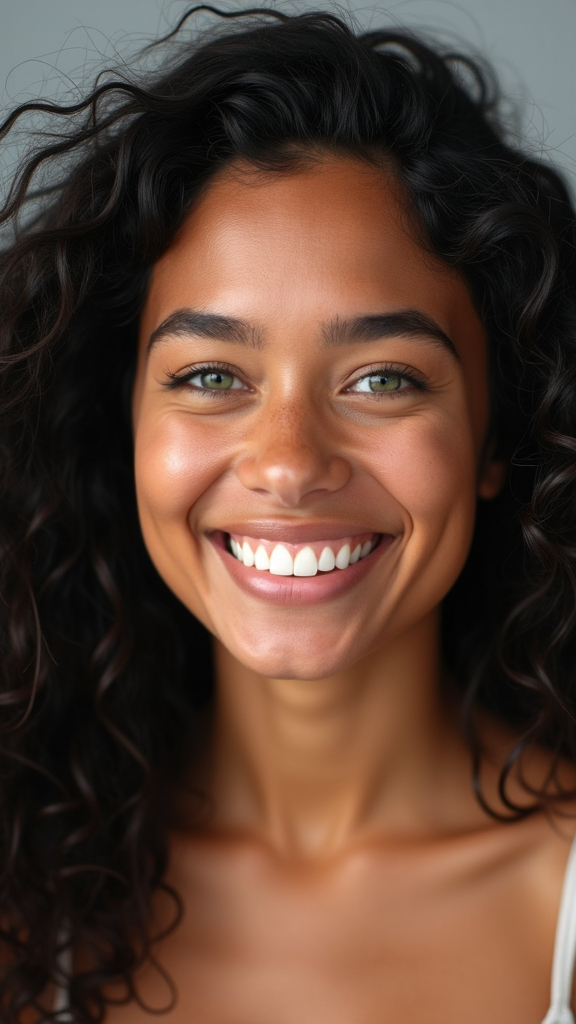 Prompt: A close-up of a bright and charismatic 18-year-old woman with a fit, toned physique. She has long, curly black hair that falls to her shoulders, and sparkling green eyes full of energy. Her golden-brown skin complements her striking facial features, with high cheekbones, a defined jawline, and a slightly upturned nose. Her full lips are naturally curved into a warm, inviting smile, radiating confidence and fun-loving energy. Her expressive face captures the playful, encouraging nature of her personality. The portrait is set against a simple grey studio background, like a professional photo shoot, focusing on her unique facial structure and lively expression. Normal toned teeth