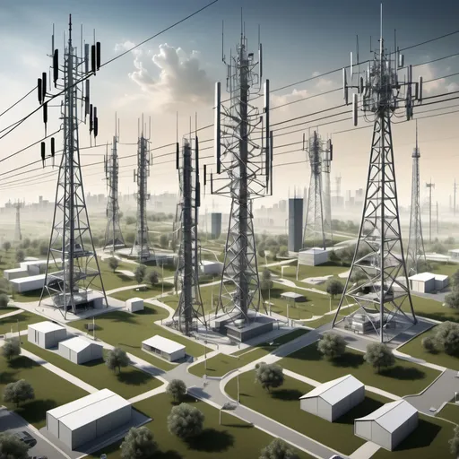 Prompt: A picture illustrating the structure of a modern communications network. The picture shows multiple communications towers with antennas in a variety of environments, including urban and rural areas. The towers are connected via underground fiber optic cables and overhead microwave links.