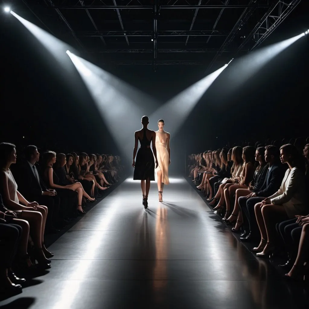 Prompt: photo of a dark runway illuminated by strong strope lights with models walking and audience sitting along side the runway photorealistic
