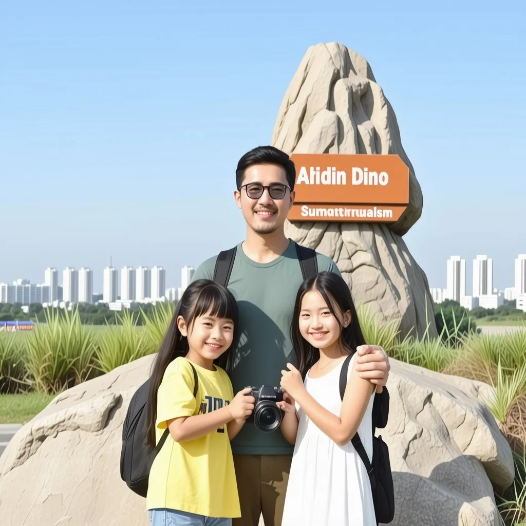 Prompt: a man and two girls are posing for a picture with a camera in front of a rock formation with a sign that says,, Abidin Dino, sumatraism, city background, a picture