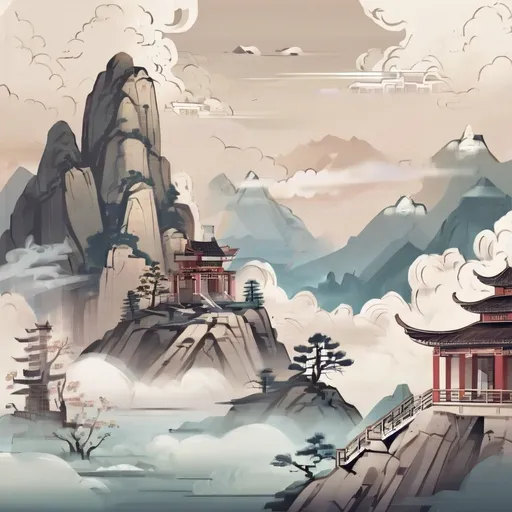 Prompt: A landscape with mountains, Chinese temple, clouds.
