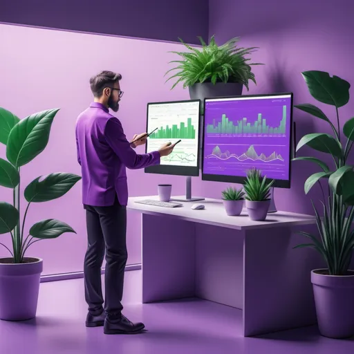 Prompt: A software architect designing a solution for his clients, add purple color to background and add green color to the plants, make the person stand,  increase accuracy