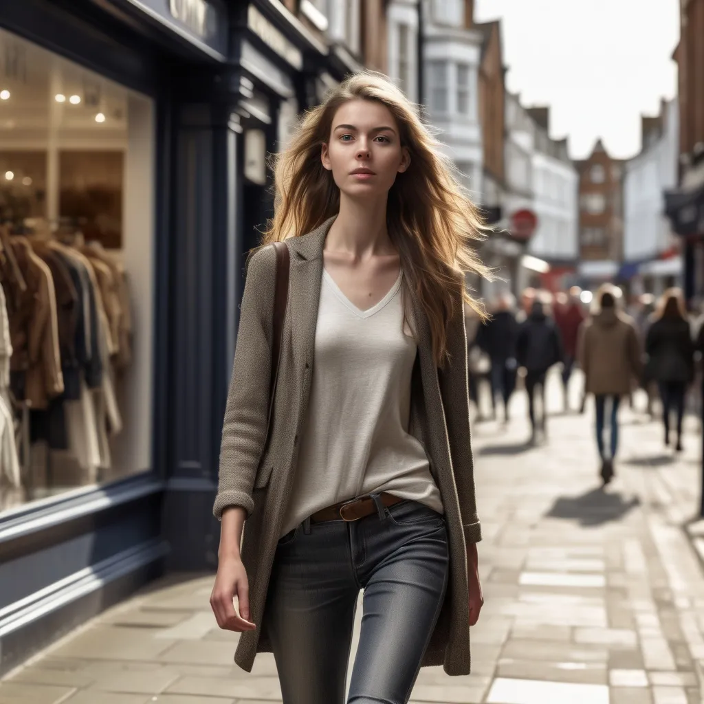 Prompt: Tall young woman walking down the high street, detailed clothing, realistic, natural lighting