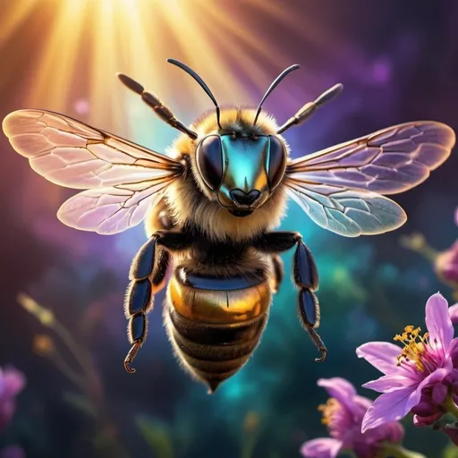 Prompt: Fantasy-style image of a majestic bee in flight, vibrant colors, intricate wings, ethereal glow, magical nature, high quality, detailed, fantasy, vibrant colors, majestic, intricate details, glowing, ethereal, magical, professional