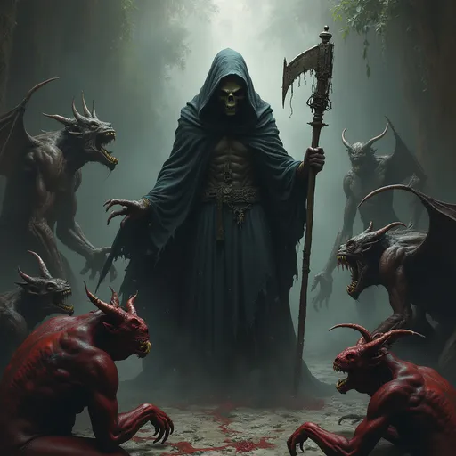 Prompt: The Grim Reaper is surrounded by demons in the underworld and creatures around the grim reaper suffering.