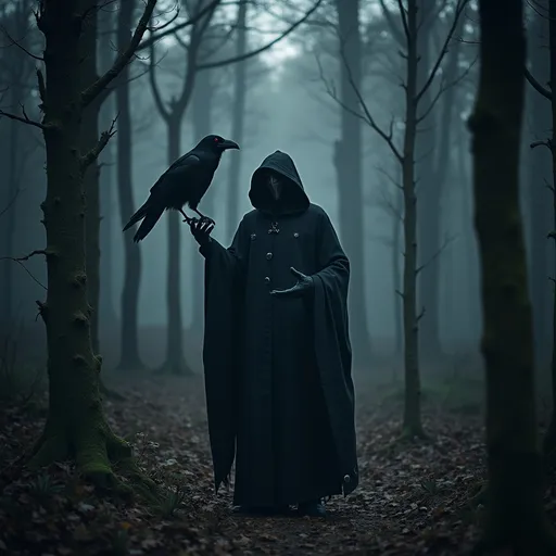 Prompt: a plague doctor in a dark forest at night with raven in the trees.