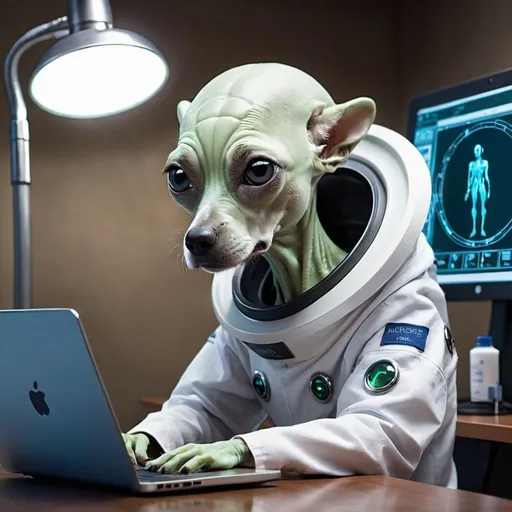 Prompt: An alien from another planet looking for a Veterinarian using PulseVet for her dog.