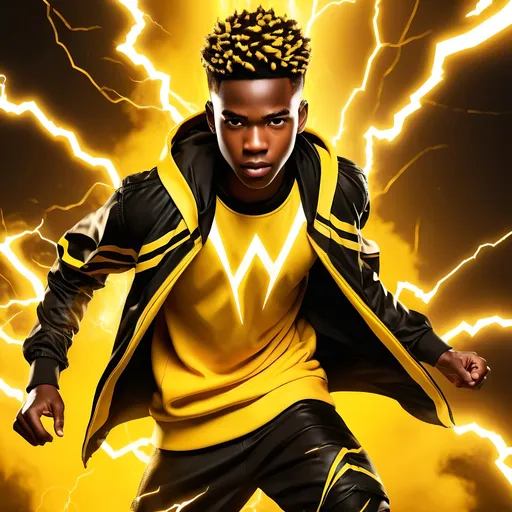 Prompt: Realistic illustration, battle-ready African teen male with lightning powers, short messy hair, wearing yellow and black street clothing, patterns on clothes, detailed facial features, high-quality, realistic style, vibrant yellow and black clothing, dynamic lighting, powerful lightning effects, professional, atmospheric, African ethnicity, lightning powers, detailed clothing, intense expression, realistic, vibrant colors, dynamic lighting