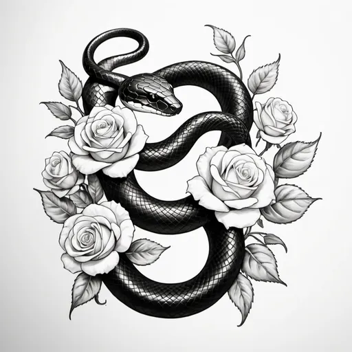 Prompt: black outline tattoo of a black snake, white baby roses, bluebird of happiness
 