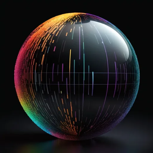 Prompt: sphere of data on dark background, colorful, transparent