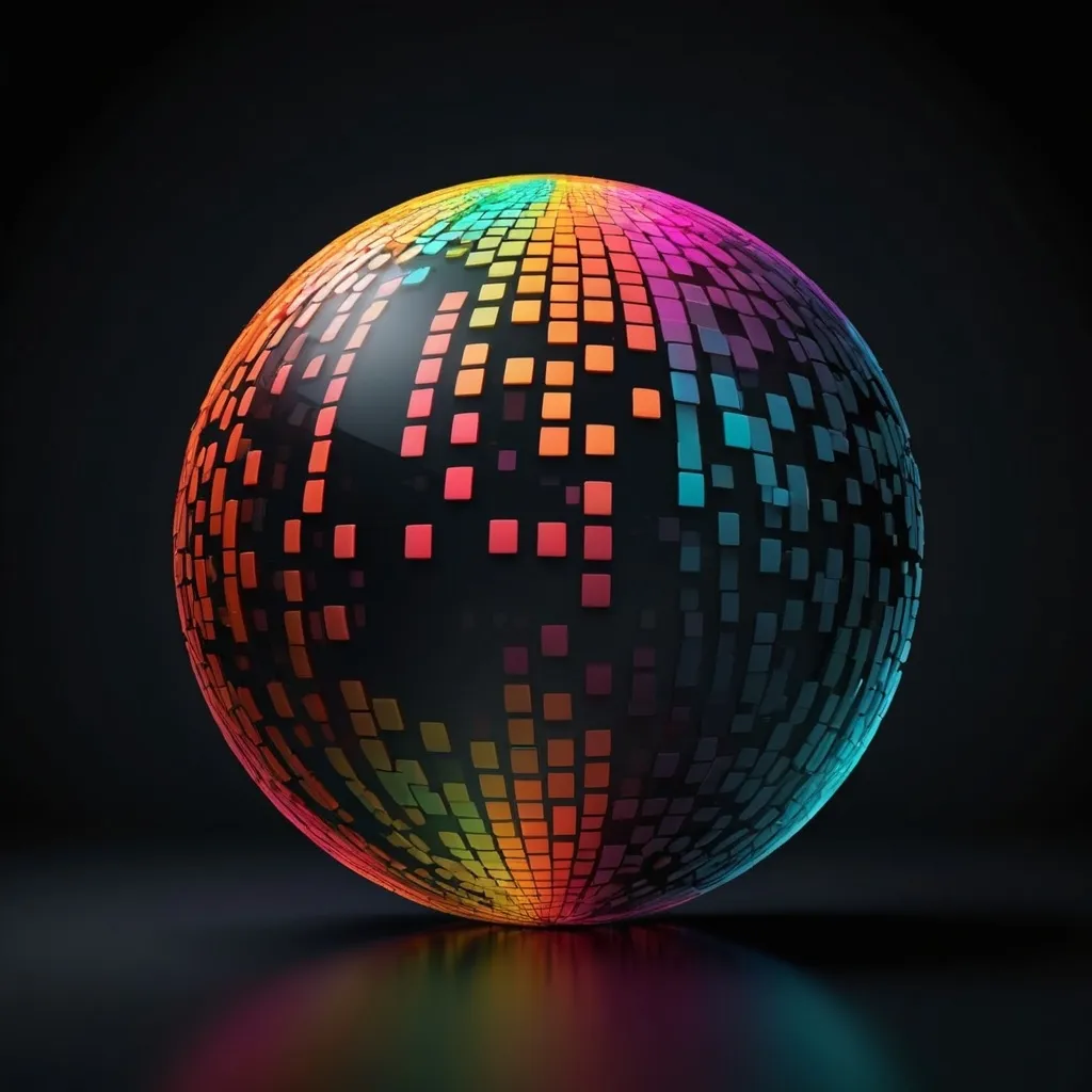 Prompt: sphere of data on dark background, colorful, transparent