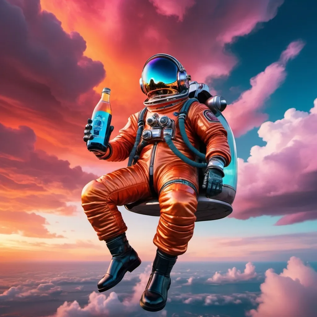 Prompt: A man holding a bottle of old monk wearing a spacesuit on top of a helicopter