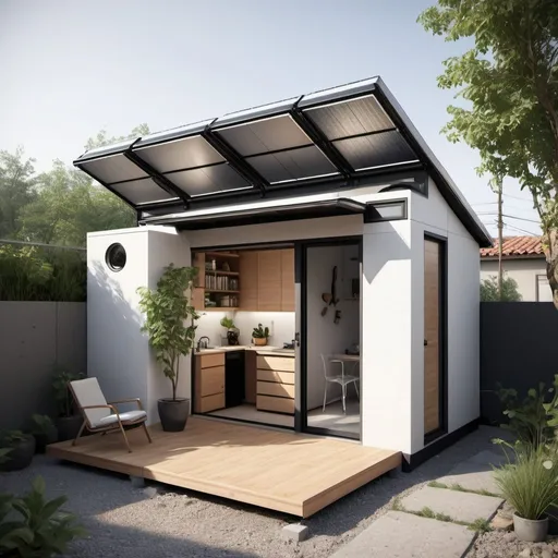 Prompt: Microhome design for maximum functionality in a 25 sq.m. footprint. Sustainable, flood and drought resistant, with innovative features for a comfortable living environment. Emphasize practicality, aesthetics, and minimal space utilization. Push the boundaries of small-scale architecture. 
Style: , minimalist
Materials:  recycled materials 
Layout: Open floor plan, sleeping loft, hidden storage 
Smart features: Solar panels, rainwater harvesting
Outdoor space: Balcony, rooftop garden