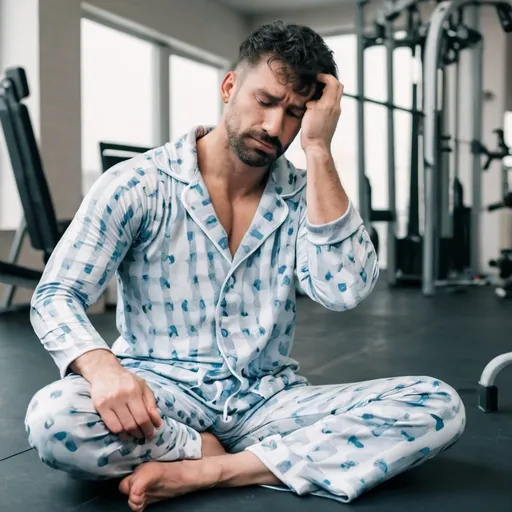 Prompt: Tired man in the gym wearing pajamas