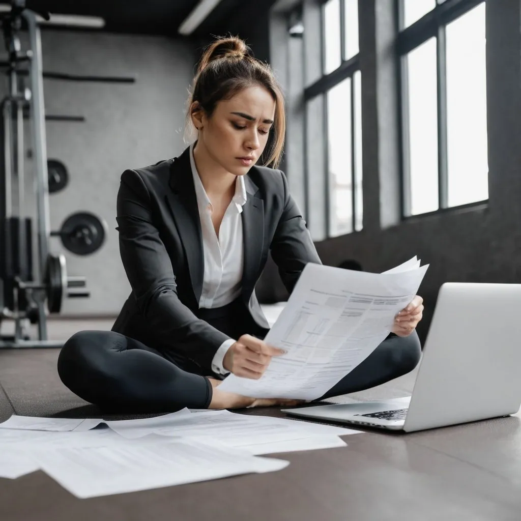 Prompt: Businesswoman in suit working out with papers and laptop in the gym worried while exercising 