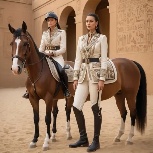 Prompt: An equestrian's outfit filled with pharaonic inscriptions mixed with a modern cut with Italian elegance, make it luxurious, for both women and men