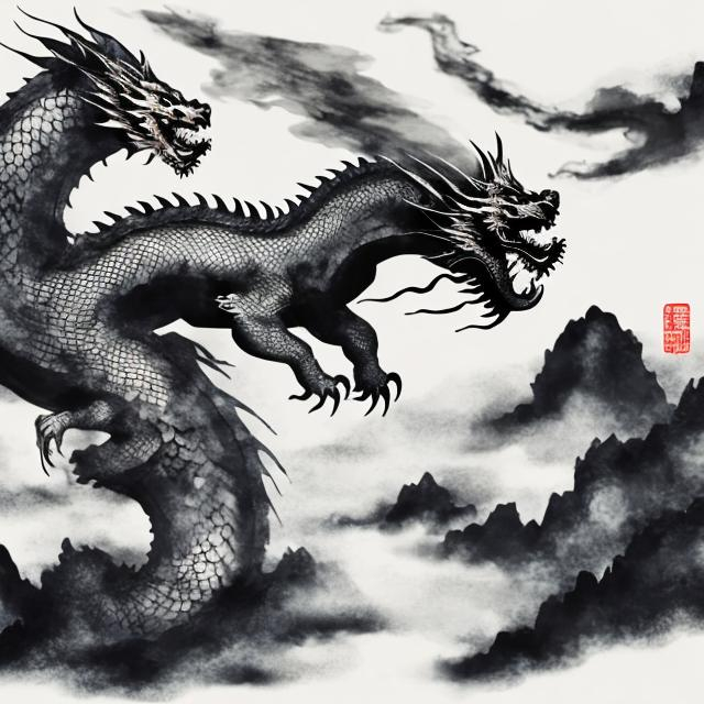 Prompt: Chinese ink wash painting with dragon flying , a person on it