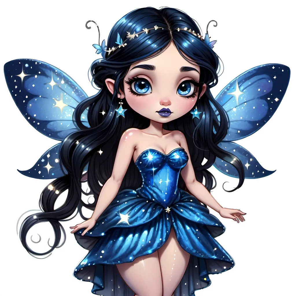 Prompt: Full body drawing of a fairy wearing a blue sparkly dress with long black hair in a half up half down hairdo with a long chubby face and slightly upturned black almond eyes. With an upturned wide nose and big lips