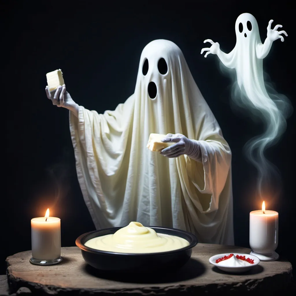 Prompt: A GHOST OFFERING CURD