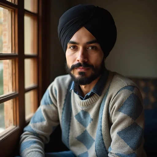 Prompt: In a warm, inviting setting, a young man with a well-groomed beard sits comfortably, framed by a rustic wooden window. He sports a black turban that contrasts elegantly with his light gray, patterned sweater, featuring intricate diamond designs in shades of blue. His striking eyes, highlighted by the soft, golden light filtering through the window, convey a sense of calm confidence. The cozy indoor atmosphere, enhanced by the simplicity of the backdrop, adds to the overall relaxed and introspective mood of the portrait.