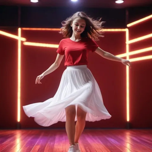 Prompt: A girl dancing in white skirt and red shirt
