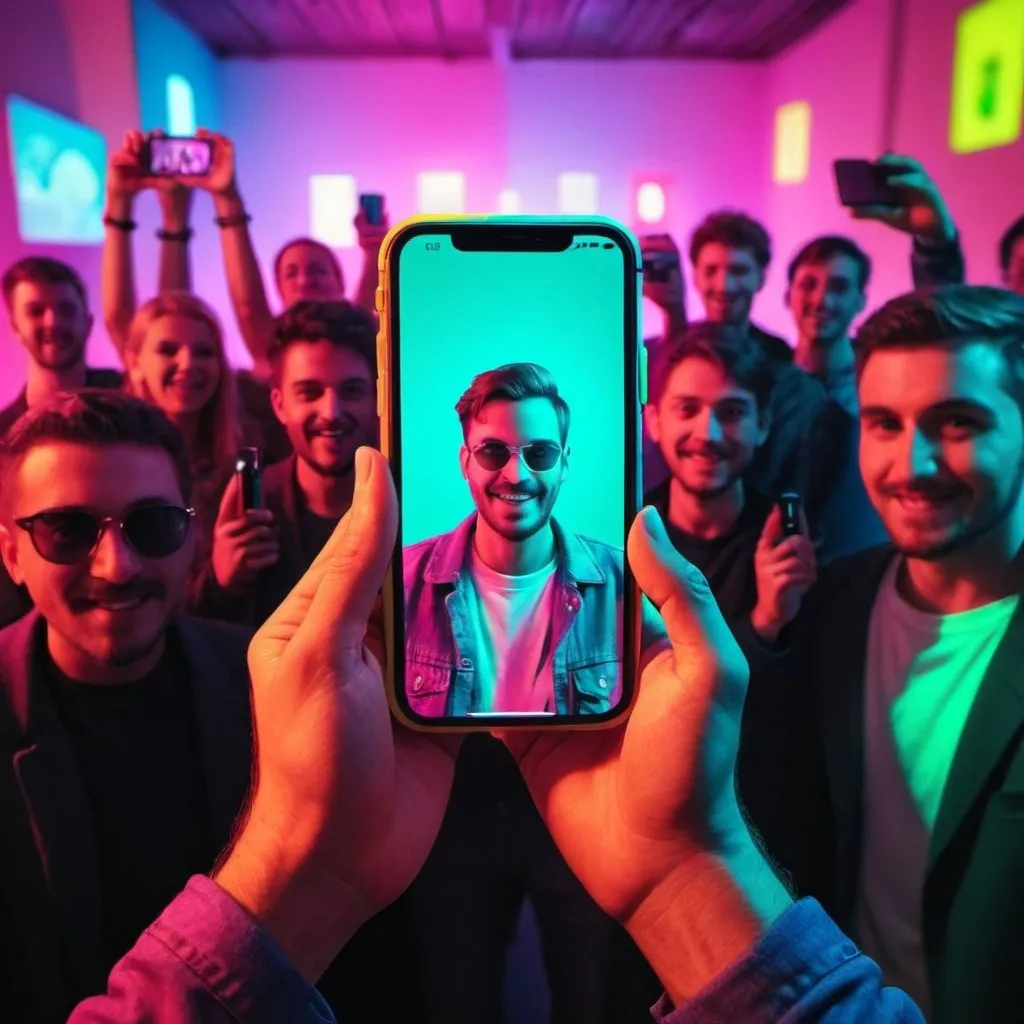 Prompt: create image party with neon colors
man holding a phone iPhone to the camera in front of the group of people

