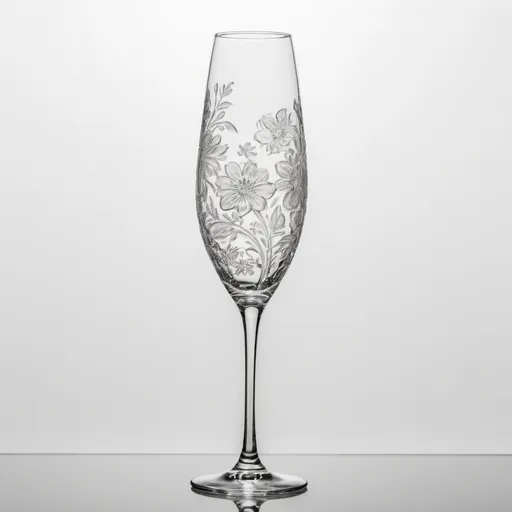 Prompt: champange glass,flower pattern,white background,no color,front view,left view and top view