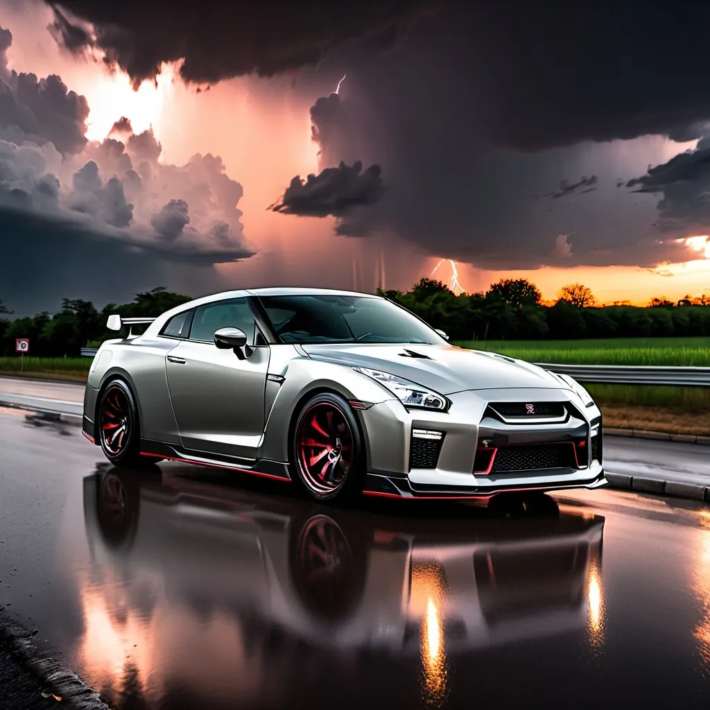 Prompt: Thunder Strom coming and Skyline Nissan GTR standing in roads with the sunset