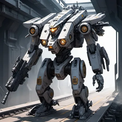 Prompt: futuristic mecha with a pilot onboard carrying a railguns or different guns
