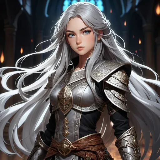 Prompt: hires, anime illustration, full body shot of a young girl with long palatinum hair, detailed facial features, intense grey eyes, intricate black freckles, wearing a light warrior outfit, D&D character, detailed, professional, anime, fantasy, vibrant colors, dynamic pose, atmospheric lighting, full body shot.