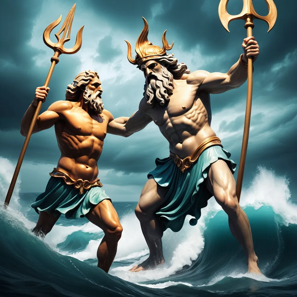 Prompt: Poseidon with a trident in the sea fighting another giant person